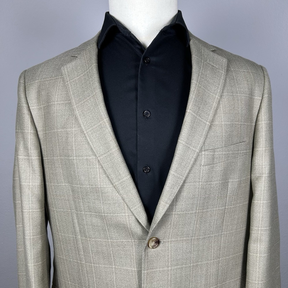 Pronto Uomo Men's Sport Coat Blazer 44R Beige Taupe 100% Wool Herringbone 2Btn